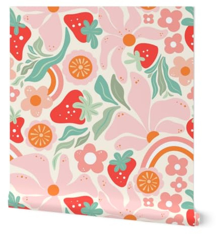 Peel & Stick Wallpaper Swatch - 1970S Strawberries Retro Whimsical Colorful Fruit Jumbo Scale Citrus Bright Pink Green Orange Custom Removable Wallpaper by Spoonflower