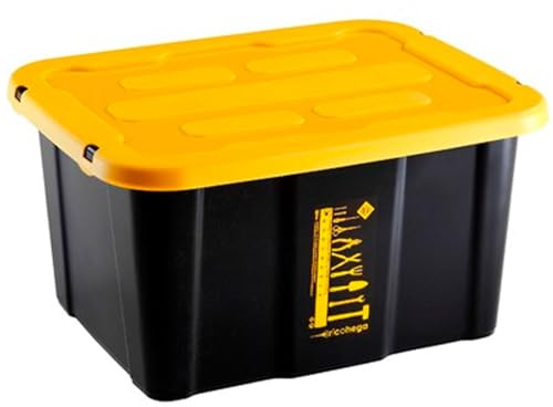 AC - Caja de almacenaje apilable con Tapa, plástico, cajón Multiusos, ordenación, Herramientas, hogar, Fabricada en España (Amarillo y Negro - 30 litros - 48 x 38 x 25,5 cm)