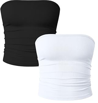 OQQ Top Mujer Sin Tirantes Pack de 2 Ajustado y Corto Estilo Y2K y Clásico Bustier para Verano Negro Blanco