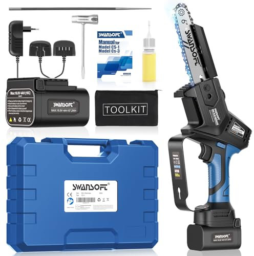 SWANSOFT Motosega professionale a batteria 6', mini motosega monomano con batteria al litio 16,8 V 2x4 Ah per tagliare legno, frutta e olive, Navy