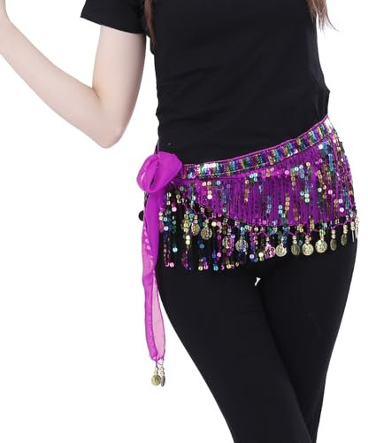 Bailinks Pailletten Bauchtanz Hüfttuch, Chiffon Wickelrock mit Münzen für Bauchtanz, Yoga-Kurse und Auftritte - Bauchtanz Hüftgürtel für Damen (Lila)