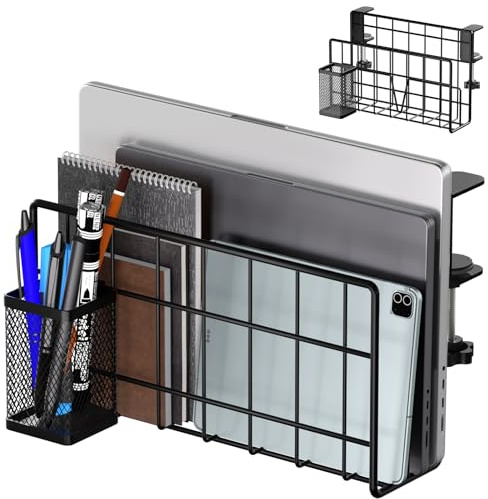 THYGIFTREE Skrivbordsförvaring, vertikalt laptopstativ, laptophållare skrivbord med pennhållare, klämma på hylla (svart)