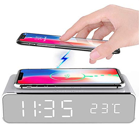 JXJXJX Digital Alarm Clock with Wireless Charging, 2 in 1 LED Bedside Alarm Clocks Wireless Charger with Temperature Display, Super Fast Wireless Charger Station for Teens Adults Kids Heavy Sleepers