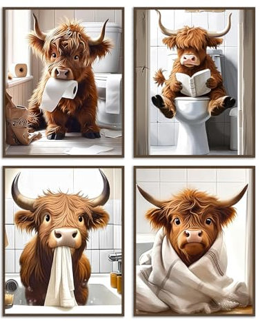 Dazzlewall 4Pcs Funny Highland Cow Wall Art Pictures, Rustic Cow Canvas Prints for Bathroom Toilet Decor 8x10 in Unframed