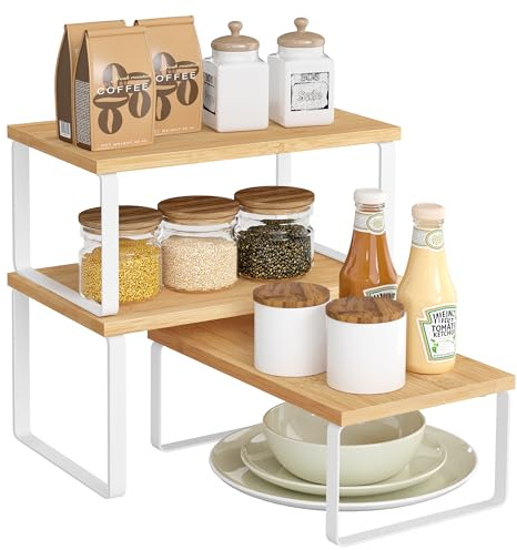 SONGMICS Organizzatori Armadio da Cucina, Set di 3 Scaffali da Banco, Impilabili, Portaspezie Espandibile, in Metallo e Legno Ingegnerizzato, Bianco Nuvola e Beige Naturale KCS014YL02