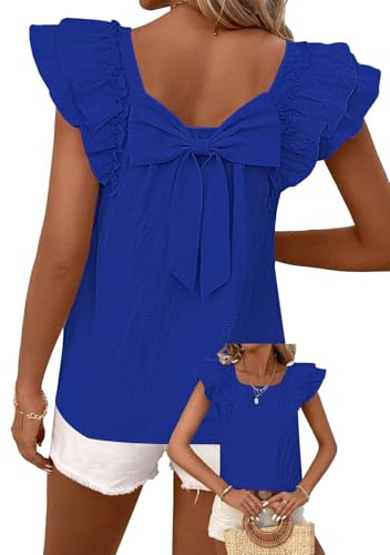 TUUHAW Ladies Tops UK Summer Clothes Plus Size Round Neck Going Out Chiffon Shirts Ruffle Short Sleeve Babydoll Blouse With Bow Tie Y2K Tunic Party Outfit Cute Casual Clothing Loose Fit Royal Blue XXL