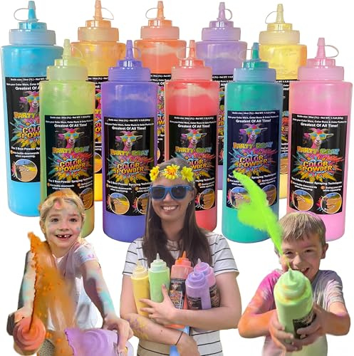 PARTY GOAT Color Run Powder Squeeze Bottles. Extra Large 34oz Color Blasters. Holi Powder for Colored Wars, Parties & Summer Camps. 1.1lb Each, Pack of 10