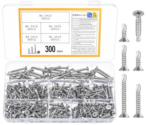 300 PzViti Autofilettanti in Metallo, M4,2 Viti per Lamiera, Set di Viti in Acciaio Inox Autoperforanti per lavorazione dei metalli, legno, plastica, M4.2 x 32/25/19/16/13 mm