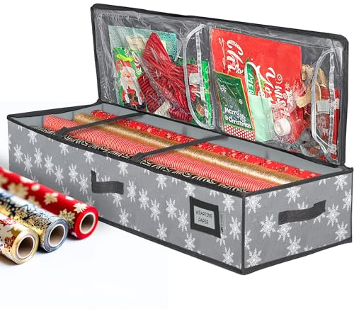 Wrapping Paper Storage Container – Fits up to 27 Rolls 1 3/8” Diam. - Underbed Gift Wrap Organizer Bags, Wrapping Paper Rolls, Ribbon, and Bows - Under Bed- Durable Material 600D - Up to 40” Rolls