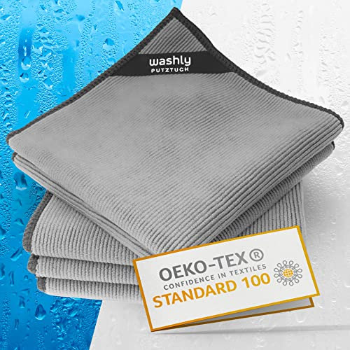 washly Putztücher Oeko-TEX 30 x 30 cm – 4 graue Mikrofasertücher - Mikrofaser Putzlappen für den Haushalt - 430 GSM Microfaser Reinigungstuch - Putztuch extra dick Ultra saugstark weich fusselfrei