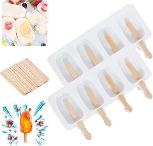 2PCS 4 Cavities Popsicle Mould with 16pcs Wooden Sticks, Silicone Ice Lolly Moulds, Ice Cream Moulds Homemade Popsicle Ice Pop Maker BPA Free Ice Pop Moulds for Kids Summer DIY Ice Cream