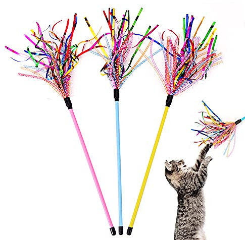 IUHKBH Cat Wands, 3 PCS Durable Teaser Wands with Mylar Strips Interactive Cat Toy Kitten Stick for Indoor Having Fun Exerciser Playing