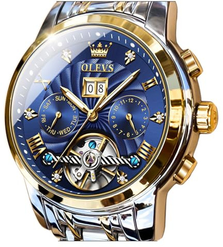 OLEVS Men Automatic Watch Skeleton 5 Hands Mechanical Blue Classic Luxury Multi Calendar Stainless Steel Waterproof Wrist for