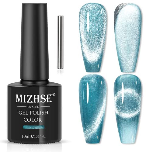 MIZHSE Cat Eye UV Gel Nagellack Meerblau UV Gel Nagellack Glitzer Cateye UV Gel Nail Polish Set Katzenaugen Gel Diamond Cat Eye Gel UV/LED Reflektierendem mit 1 Magnet 10ml