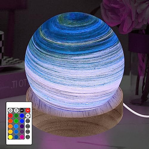 HONPHIER Planeten Lampe Glaskugel Nachtlicht 16 Farben RGB Dimmbar Stimmungslicht USB Astronomische Licht mit Fernbedienung, Holzsockel, Dekoration für Heim, Familie Freund Geschenke, 8 CM