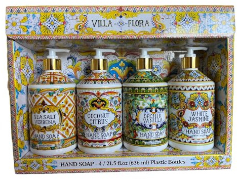 Home and Body Company Hand Soap Villa Flora Collection 16 FL/473ml Bottles infused with Essential Oils (SET OF 4) Sea Salt Verbena, Coconut Citrus, Orchid Vanilla, and White Jasmine
