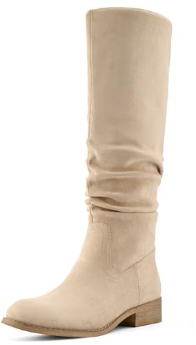 Shoe'N Tale Women's Knee High Boots Flat Low Heel Slouch Pointed Toe Winter Shoes with Side Zipper(6.5,Khaki)