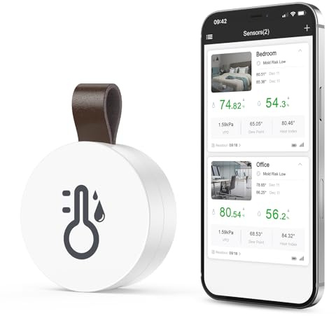 OQIMAX Bluetooth Thermometer Hygrometer, Temperatur und Luftfeuchtigkeitsmesser mit APP & Datenspeicherung, Digital Temperatur Feuchtigkeitssensor für Haus, Gewächshaus, Weinkeller, 1 Stück