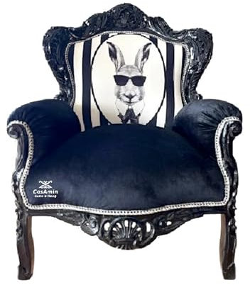 CasAmin Home & Living Poltrona in stile barocco rococò in velluto nero e stampa a coniglio a cartone animato come decorazione per feste di compleanno e occasioni speciali