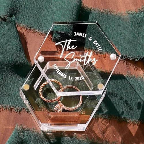 Custom Clear Hexagonal Ring Box Engraved Acrylic Wedding Day Ring Box Personalized Frame Engagement Ring Storage Gift Ring Box Personalised Gift