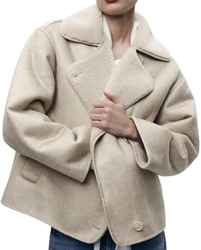 loveimgs Chaqueta gruesa de ante sintético con forro de sherpa para mujer, abrigo de cuero oversized, chaqueta de vellón de borrego estilo moto, chaqueta de motociclista, abrigo de invierno, Beige