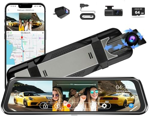 3 Channel Mirror Dash Camera for Cars, Triple Rear View Mirror with Front 4K/3K, Inside and Rear 1080P with WiFi, G-Sensor, Night Vision, Reverse Assist, Parking Monitoring (Include 64GB Card)
