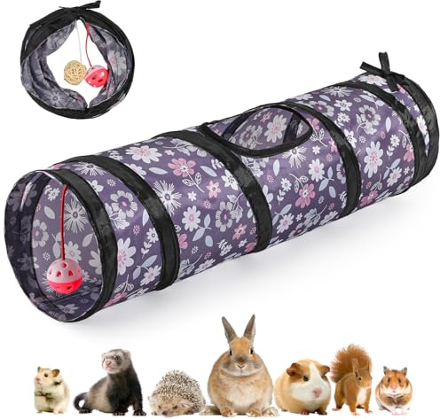 Pawaboo Kleintier-Tunnel Gerade, 23,6 Meerschweinchen Tunnel und Hamster Röhren, Zusammenklappbar Kleintier Versteck mit Interaktiven Glocke und Bälle, für Hamster Meerschweinchen Kaninchen, Blume