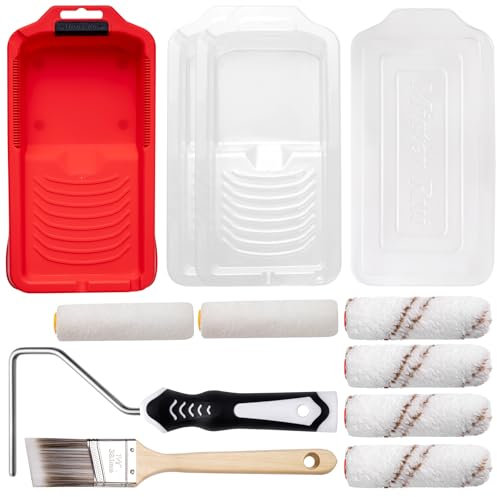 Mister Rui 4 Inch Paint Roller Kit, 12-Piece Mini Roller Set with 6 Microfiber Sleeves, Tray, Liner & Cover, Handle, 1.5 Angled Brush - for Walls, Cabinets, DIY & Pro Painting