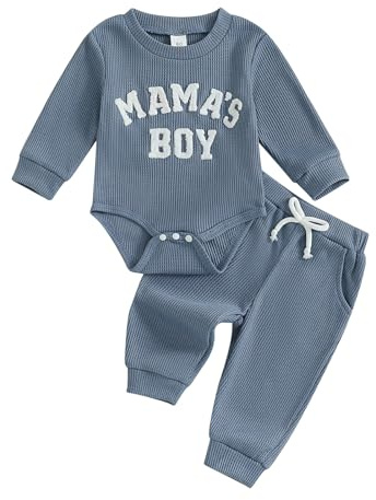 Vioyavo - Set di abbigliamento per neonato, 2 pezzi, con tutina a maniche lunghe e pantaloni lunghi elasticizzati, con ricamo di lettere, primavera-autunno, Blu, 3-6 Months