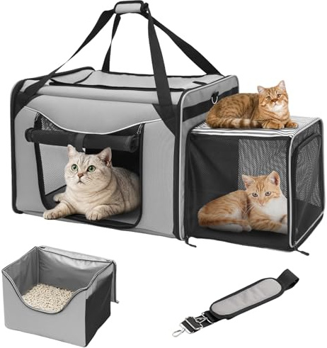 24x16x17 Soft Cat Travel Carrier with Litter Box, Expandable Cat Carrier for 2 Cats, Large Cat Carrier for Car Travel Long Distance, Up to 55 lbs