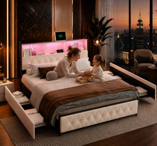 Vadderad dubbelsäng, 180 x 200 cm, säng 180 x 200, med vadderat sängunderlag med LED och USB, bagagesängar med 4 lådor, lätt att montera, sammet, utan madrass (beige-B, 180 x 200)