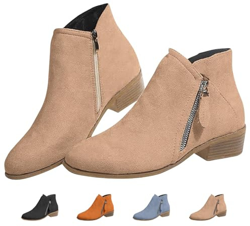 Botas de tobillo de ante para mujer con cremallera, botas de moda de tacón bajo con punta puntiaguda y tacón grueso de ante para mujer con cremallera lateral, botas de caminar de suela deslizante