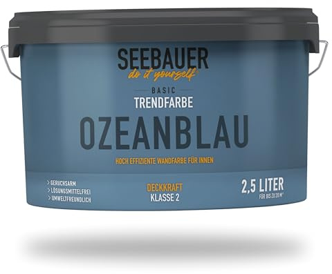 SEEBAUER diy Trendfarbe Dunkelblau 2,5L (No. T11 Ozeanblau) für den Innenbereich - Edelmatte Wandfarbe Blau - Hochdeckende Innenfarbe in Profi-Qualität