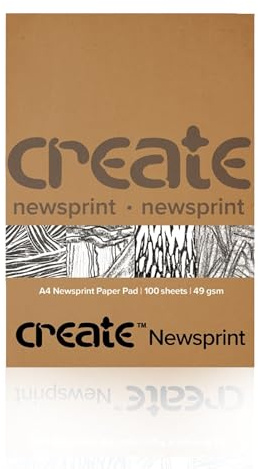 Create A4 Newsprint Paper Pad for Drawing, Printing, Collage, Papier Mache & More – 49 GSM Sketching Paper for Pencil, Charcoal, Crayon & Oil Pastel, 100 Sheets