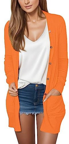Generisch Chaqueta de punto para mujer Cardigan ligero para mujer con frente abierto, tops de verano y exteriores, fundas finas, suéteres de manga larga, abrigos casuales con botones, naranja, L