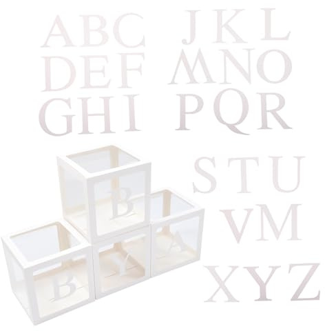 LIFKOME Cajas de Papel Transparentes y Portátiles para Globos Set de 4 Cajas Letras y 26 Letras Alfabeto Decoración para Fiesta de Cumpleaños Infantil y Sesión Fotográfica