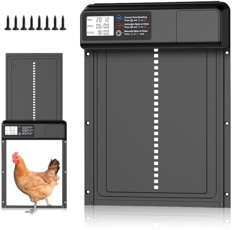 KUWUNG Puerta automática de gallinero, funciona con pilas, automática, con temporizador y pantalla LCD, impermeable IP45, puerta automática de gallinero con Intellig