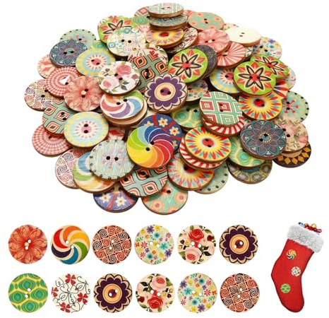 100 PCS 15mm Forme Ronde Boutons Bois Couture,Vintage Boutons Rétro Fleuris Accessoires DIY en Bois Colorés Floraux Mixtes Pour Couture l'artisanat le Bricolage Cardigan Robe Ornement Fait (Couleur)