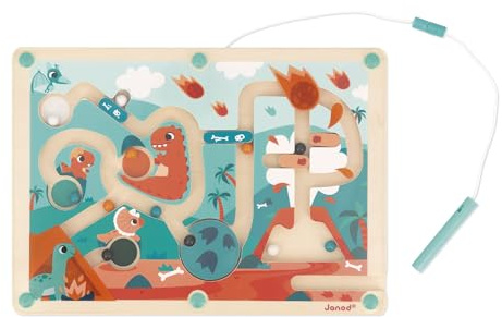 Janod - Labirinto magnetico con biglie Dino in legno - 12 biglie magnetiche + stilo magnetico - Apprendimento della motricità fine e della concentrazione - Formato: 18 x 25 cm - A partire dai 2 anni