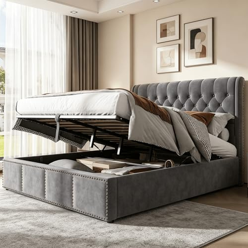 HYNHXBP Lit Coffre 160x200 cm avec Rangement, Lit Double Rembourré Gris, Cadre de Lit avec Sommier à Lattes, Tête de Lit Design, Lit Adulte Ado, sans Matelas