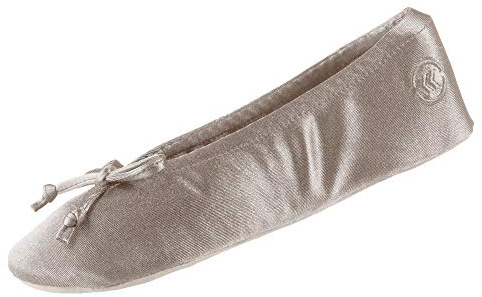 isotoner Women's Classic Stretch Satin Ballerina Slippers with Bow Tie and Leather Sole, Sandtrap, 8-9