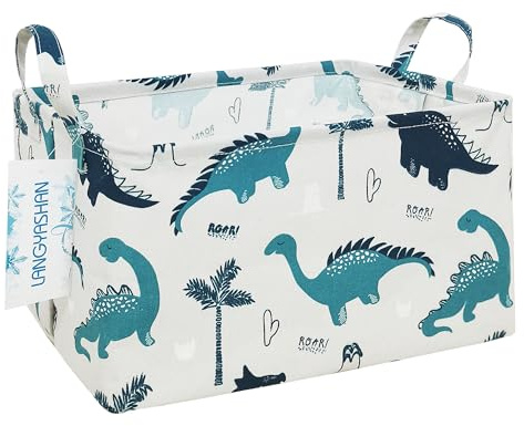 LANGYASHAN Rectangular Storage Bin Collapse Canvas Fabric Cartoon Storage Basket with Handles for Organizing Home Kitchen Boys and Girls Toys Office Closet Shelf Baskets (Rec green dinosaur)