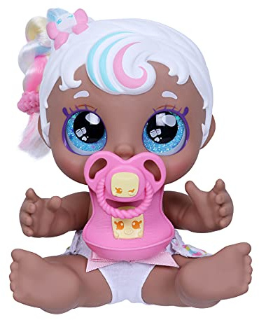 Kindi Kids - Muñeca Mini Mello de Besos perfumados Oficial, Hermana pequeña, con Ojos Grandes con Purpurina, gordita, Brazos y piernas Blandos, pañal extraíble, Chupete y Babero