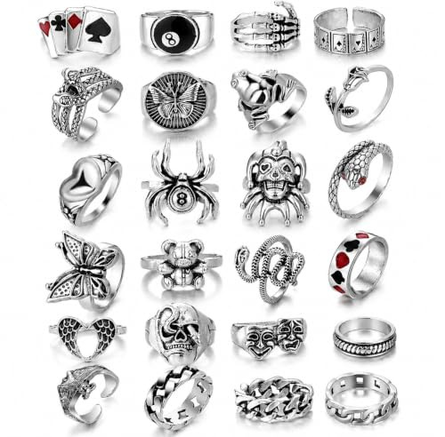 KISS WIFE Cool Rings Set for Women, Vintage Silver Punk Rings Bulk, Gothic Chunky Knuckle Emo Stackable Finger Ring Pack Western Jewelry Gift for Her (Gothic)