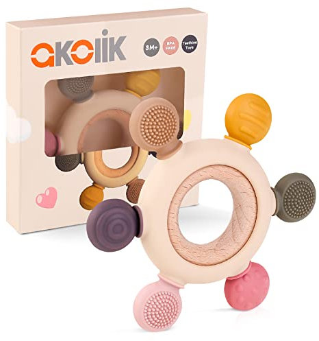 akolik Anneau de Dentition pour Bébé, en Silicone et Bois pour Jouet de Dentition, Accessoires d'Allaitement Sans BPA pour Bébés de 3-6 6-12 Mois Autiste, Cadeaux pour Enfant (Gouvernail B)
