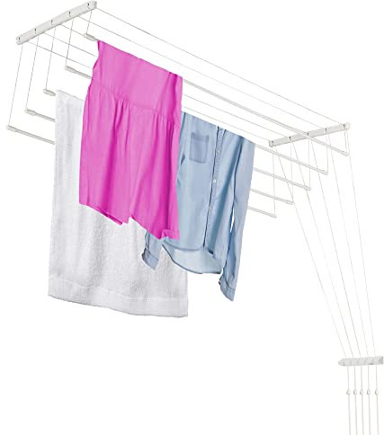KADAX Deckenwäschetrockner, Wäschetrockner für die Decke mit 5 Stangen, Wandtrockner mit Stahlsprossen, Deckentrockner Traglast bis 10kg (Weiß/190cm)