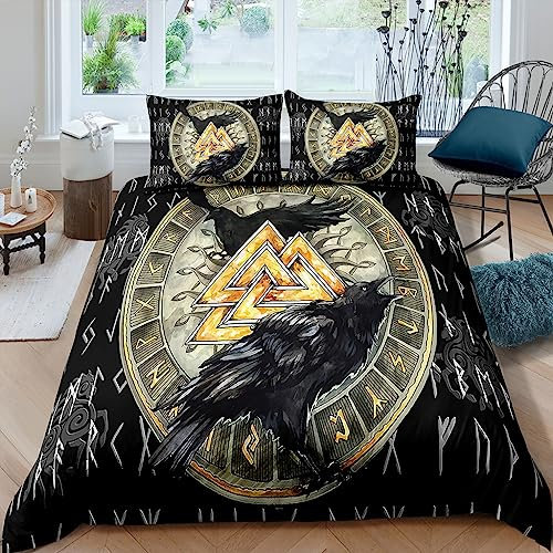 WIKINGER Bettwäsche 135x200 cm 2teilig Jungen 100% Mikrofaser Sommer Weiche Winter Warm Kinder Bettbezüge mit Reißverschluss 3D Viking Krähe Bettbezug mit Kissenbezüge 80x80 cm