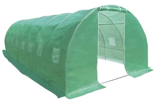 HATTORO Anzucht Gewächshaus Garten Foliengewächshaus Folientunnel Gewächshaus Stahlfundament Gitternetzfolie PE-Gewebe 170g/m² 16 Fenster Rolltür 8x3x2m foliengewächshaus winterfest
