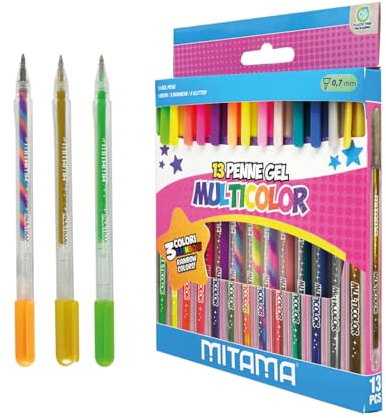Mitama – Penne gel Glitter, Fluo e Rainbow - Astuccio da 13 pezzi: 5 colori Glitter, 5 colori Fluo e 3 colori Rainbow - Punta 1 mm con inchiostro gel scorrevole