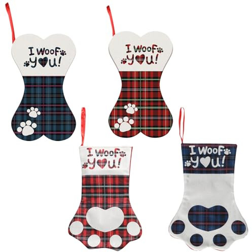 PLUSHCEWT 4 Piezas Calcetines navideños Colgantes Forma De Pata De Mascota Forma De Hueso Calcetín De Navidad De Mascotas Decoraciones Navideñas Adornos Saco Regalo para áRbol De Navidad Perro Gato